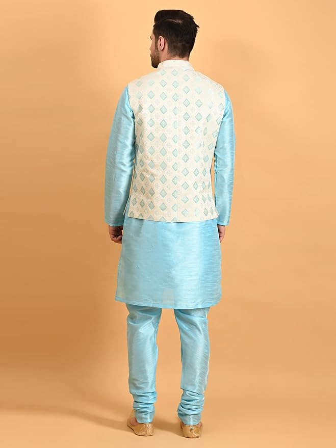 Men's Silk Blend Kurta Pajama with Designer Ethnic Nehru Jacket - Image 3
