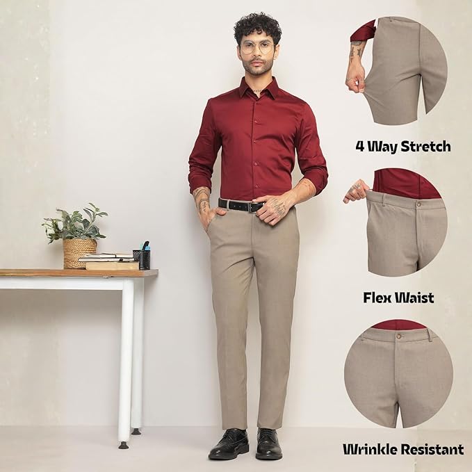 SUBTRACT Men 4 Way Stretch Wrinkle Free Slim Fit Formal Trouser with 2 inch Flexible Waistband | Men's Pants for Office or Party - Image 3