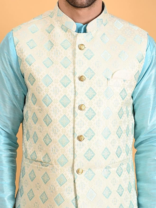 Men's Silk Blend Kurta Pajama with Designer Ethnic Nehru Jacket - Image 4