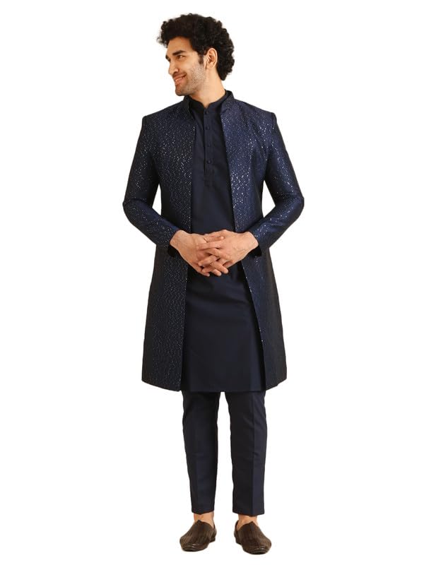 KISAH Men's Silk Blend Textured Woven Sherwani Set | Wedding Groom Festive Traditional Occasions