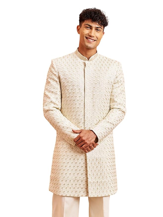 VASTRAMAY mens VASTRAMAY Men's Off White Rayon Indo Western