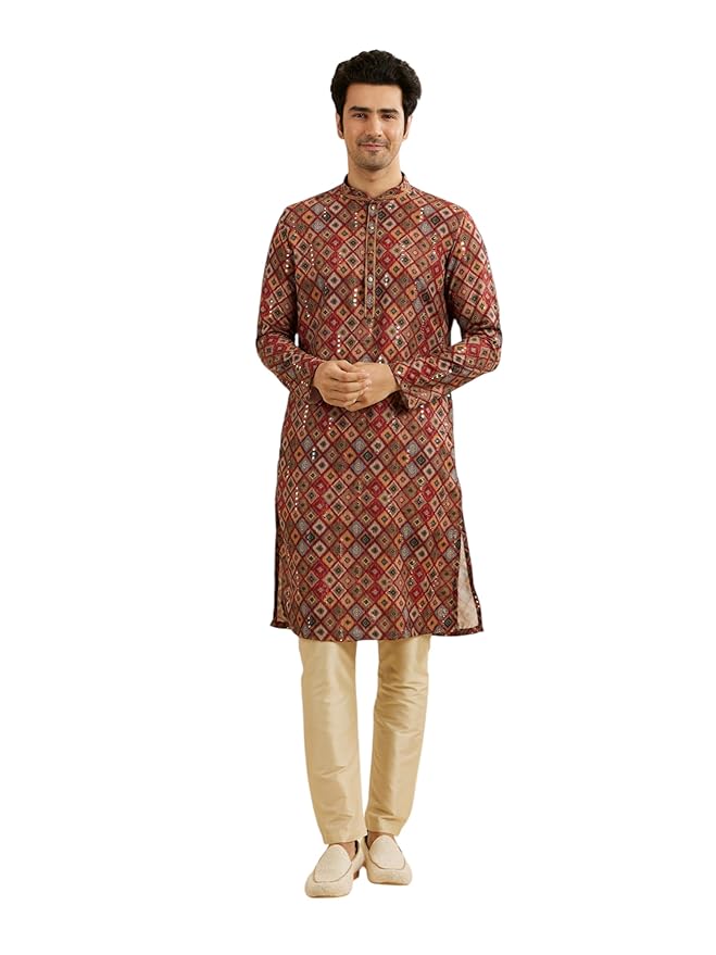 Manyavar Men's Viscose Blend Printed | Mirror Work Kurta Pyjama Set (2pcs)